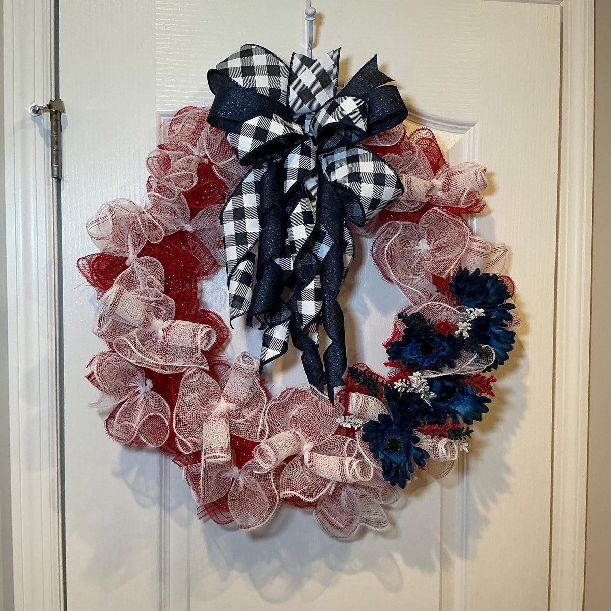 Buffalo Check Bow Wreath, Navy Daisy Red White Blue Deco Mesh, Fourth of July Americana Decor