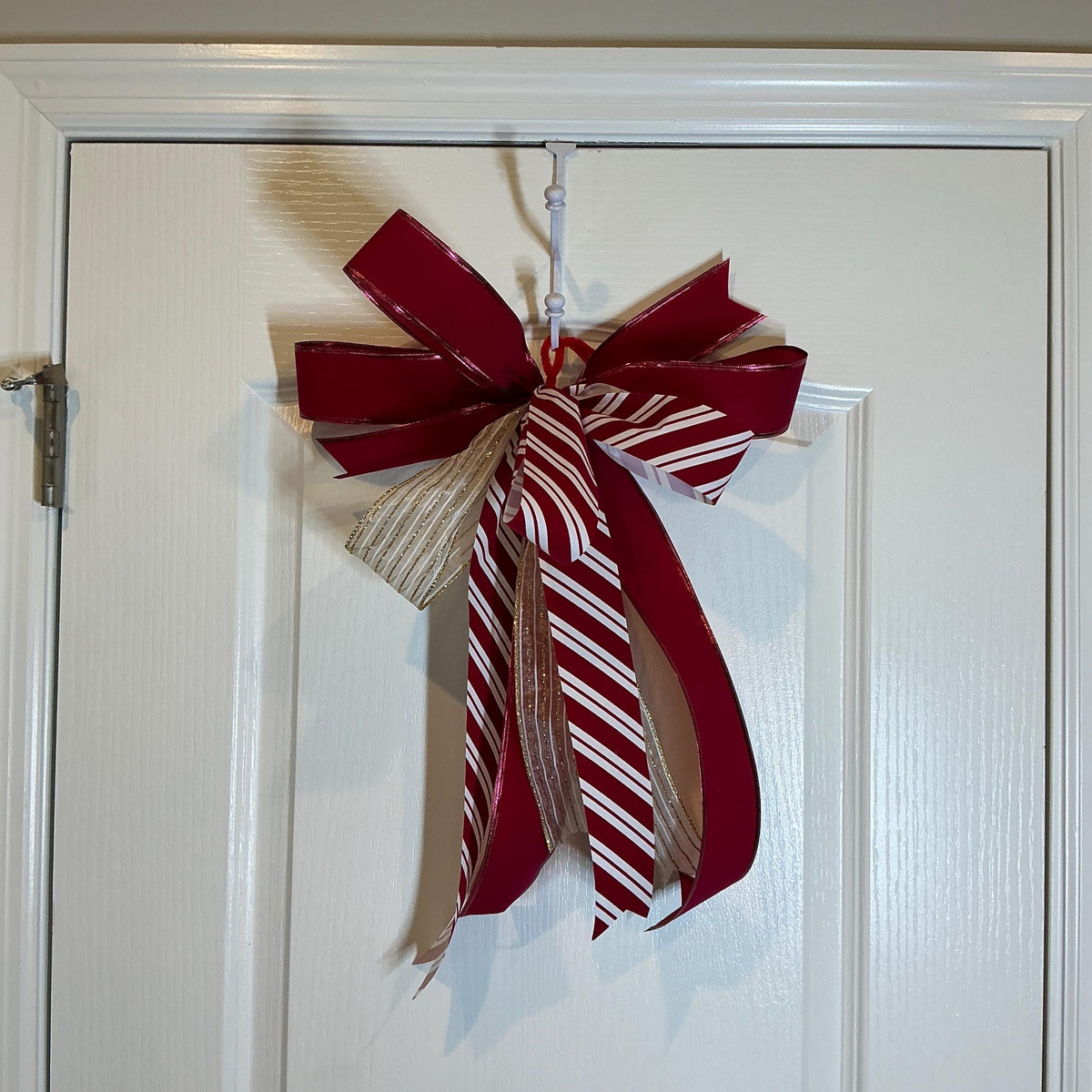 Handmade Christmas Door Bow, Red Candy Cane Stripes, Farmhouse Holiday Decor