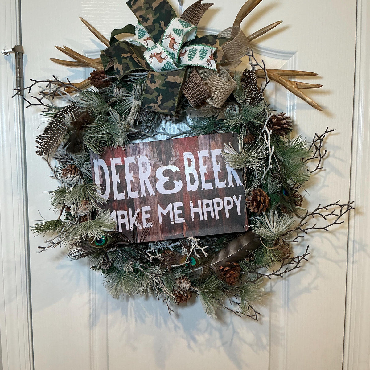 Deer and Beer Camo Wreath with Antlers, Hunter Man Cave Decor, Fathers Day Gift