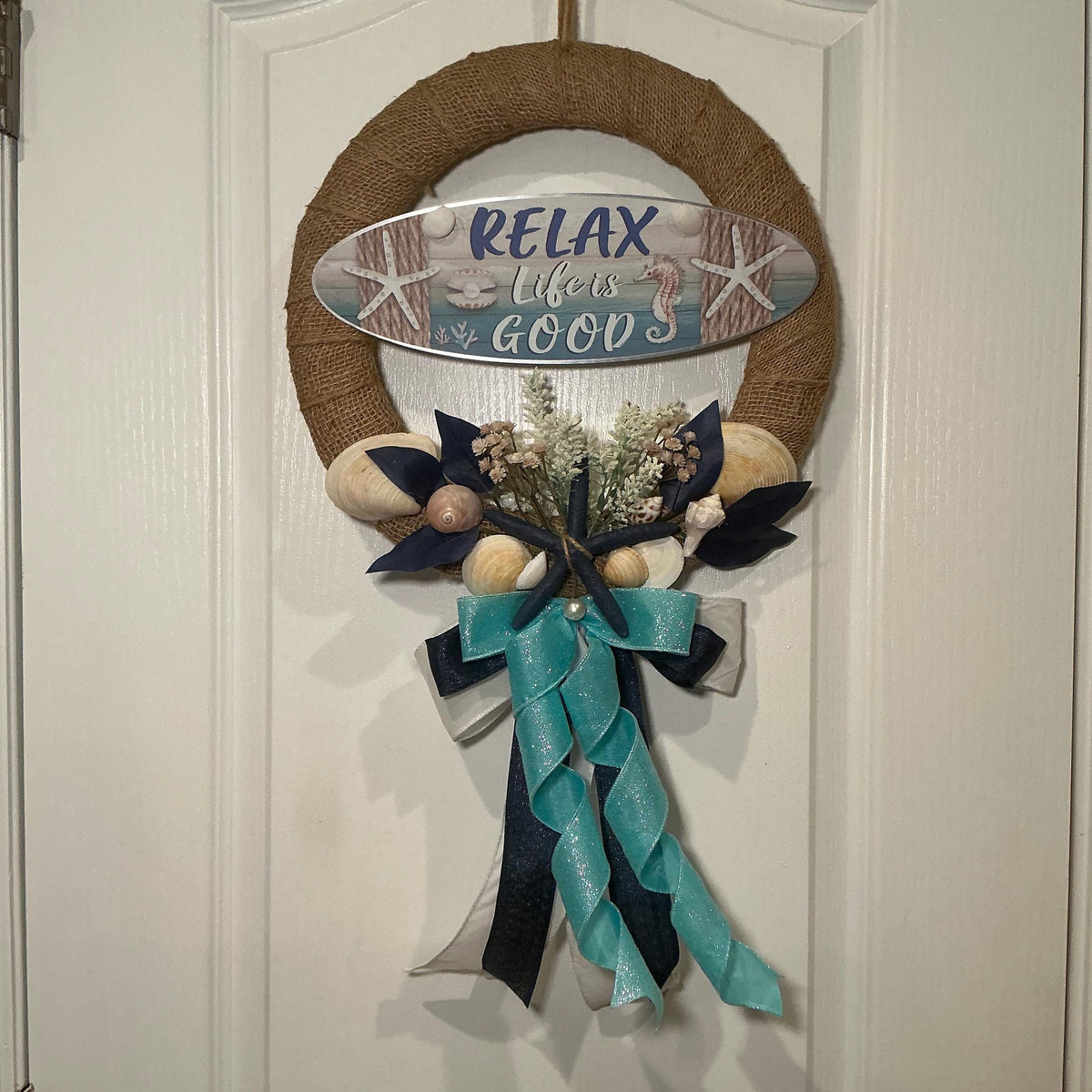 Coastal Starfish Wreath with Relax Life Is Good Sign, Nautical Lake House Door Decor