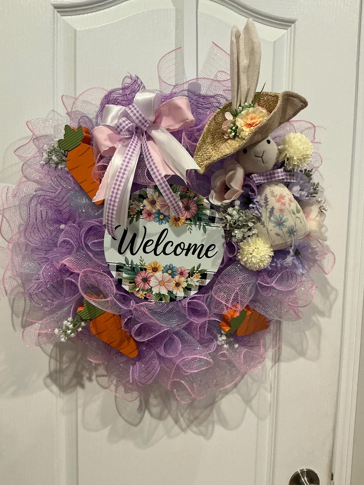 Handmade Easter Bunny Wreath, Lavender Pink Spring Door Decor