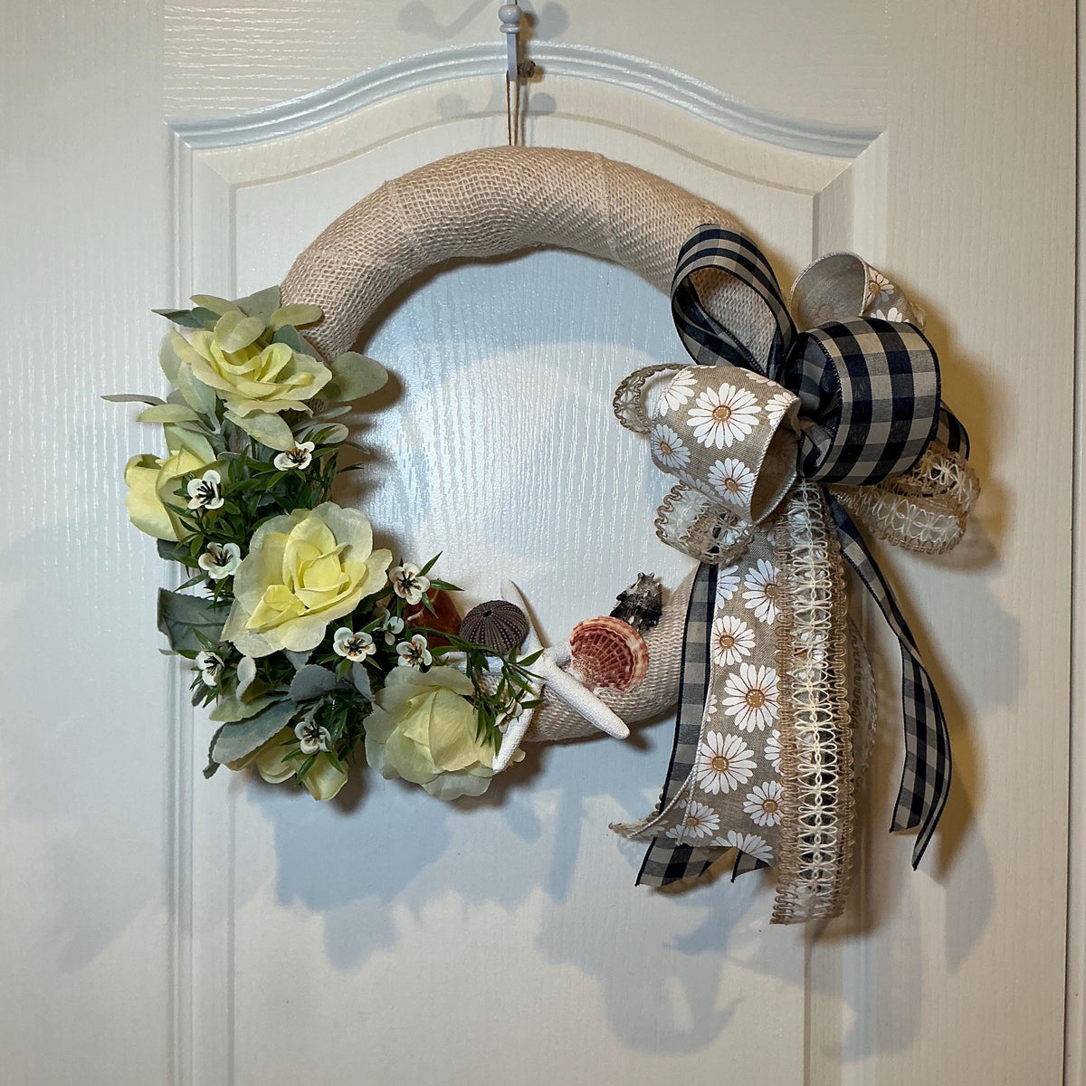 Yellow Rose Burlap Coastal Wreath, Seashell Starfish Beach Decor, Nautical Front Door Wreath, Lake House Housewarming Gift, Handmade Summer