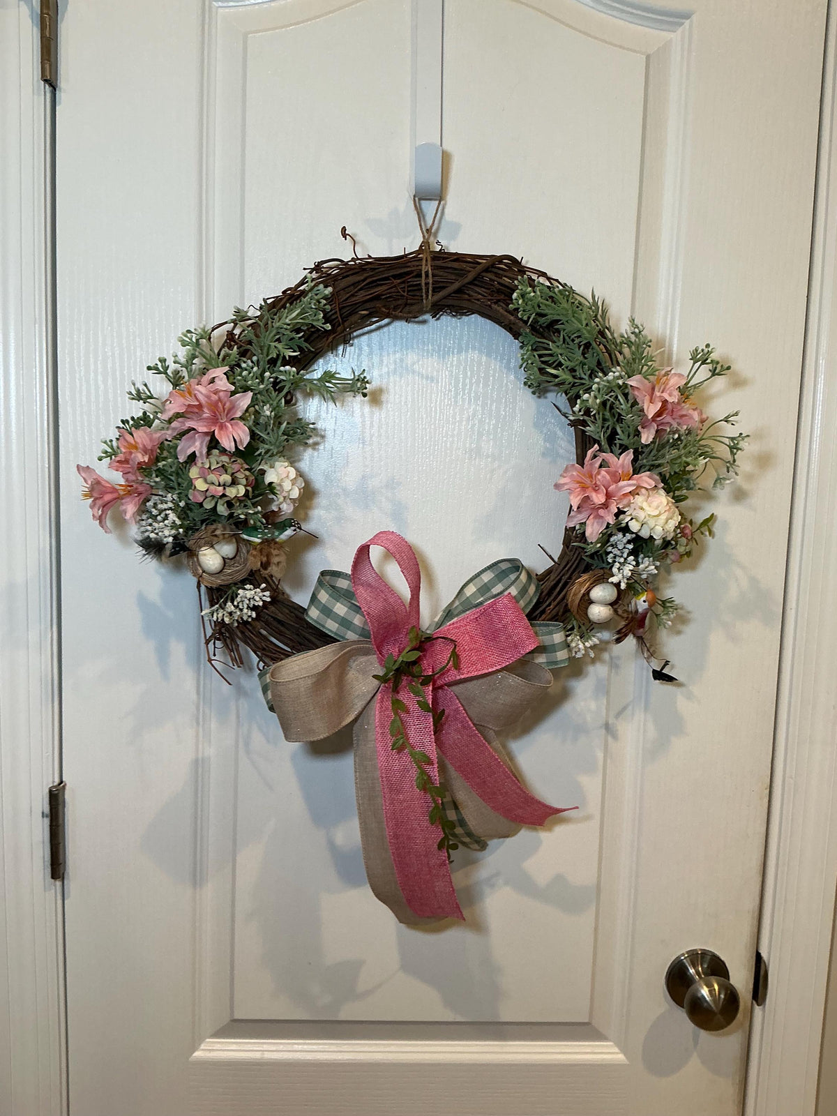 Hummingbird Grapevine Wreath with Bird Nest, Eggs, Pink Daisies and Hydrangea