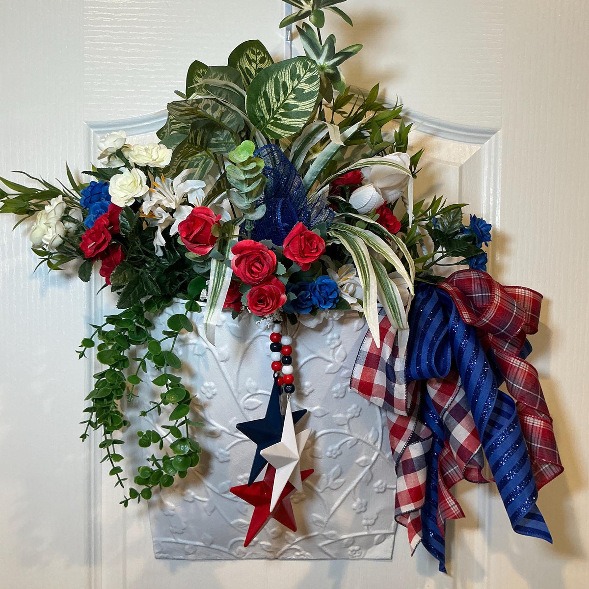 Wall Pocket Basket, Fourth of July Metal Planter, Red White Blue Floral Patriotic Front Door Decor