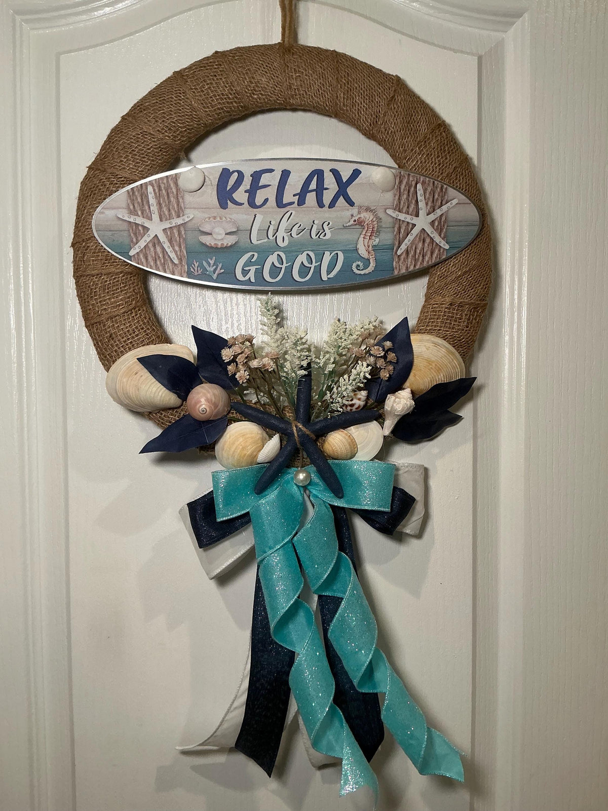 Coastal Starfish Wreath with Relax Life Is Good Sign, Nautical Lake House Door Decor