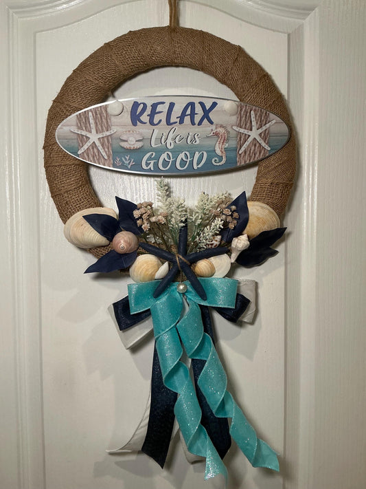 Coastal Starfish Wreath with Relax Life Is Good Sign, Nautical Lake House Door Decor