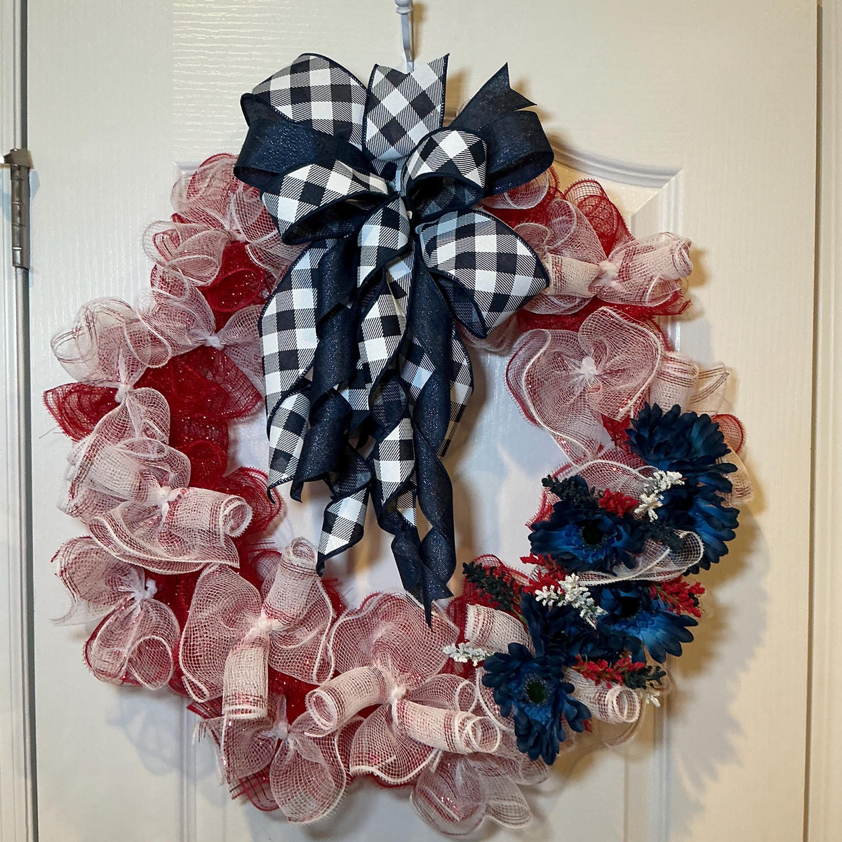 Buffalo Check Bow Wreath, Navy Daisy Red White Blue Deco Mesh, Fourth of July Americana Decor