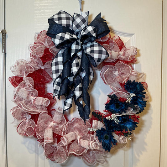 Buffalo Check Bow Wreath, Navy Daisy Red White Blue Deco Mesh, Fourth of July Americana Decor