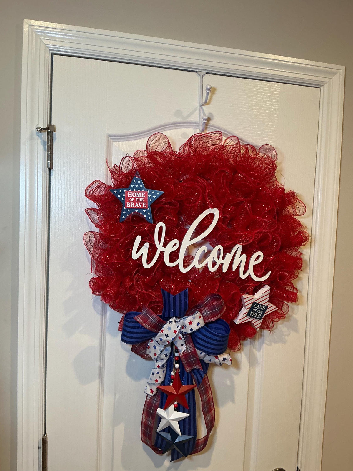 Deco Mesh Welcome Wreath, Home of the Brave Star Decor, Red White Blue Front Door, Land of the Free, Fourth of July Handmade NC