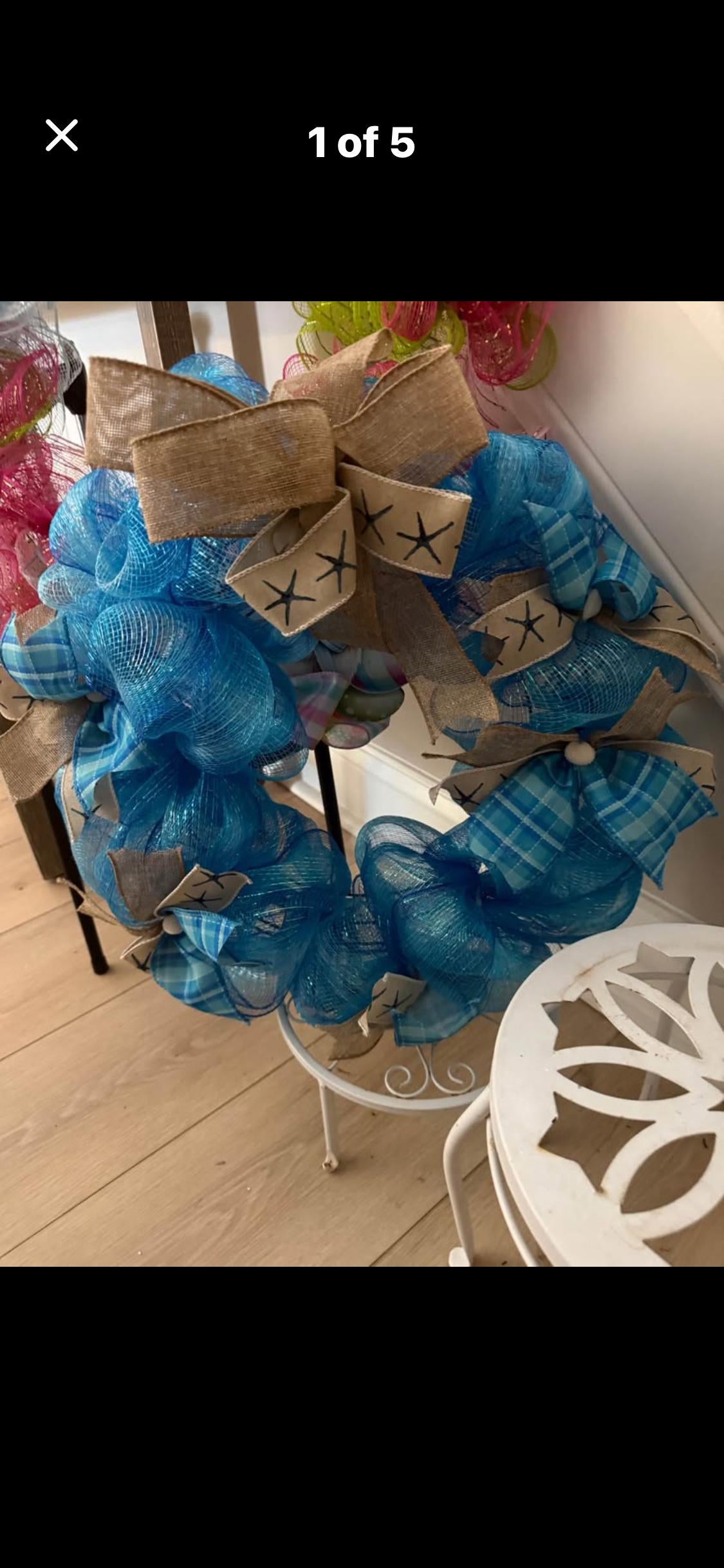 Blue Plaid Burlap Coastal Wreath, Starfish Beach Decor, Nautical Door Accent
