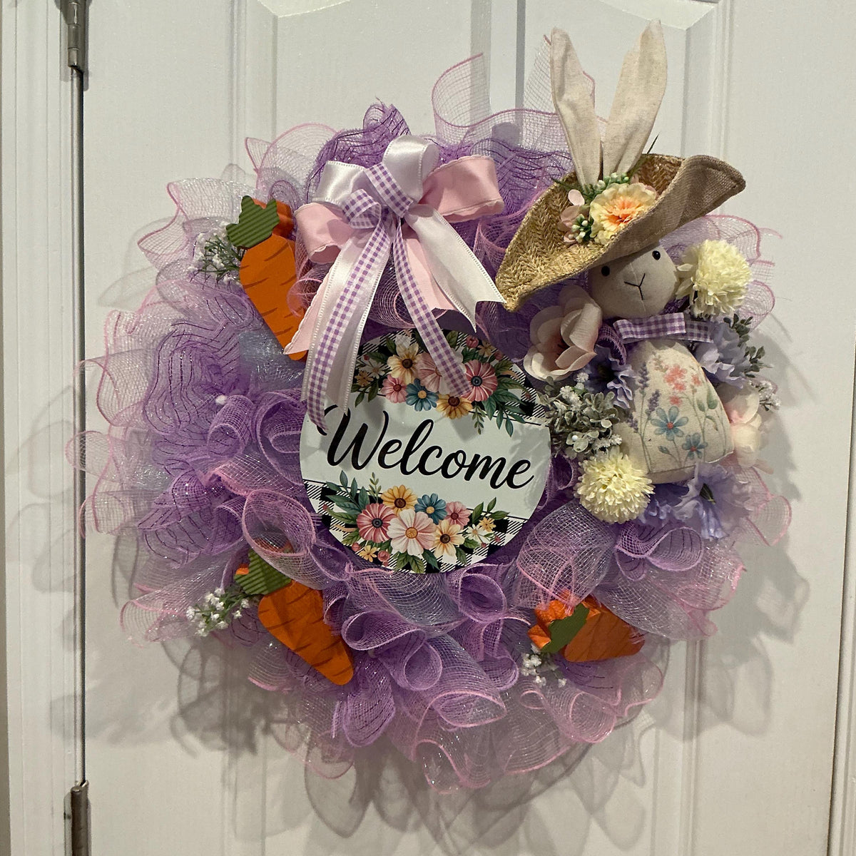 Handmade Easter Bunny Wreath, Lavender Pink Spring Door Decor