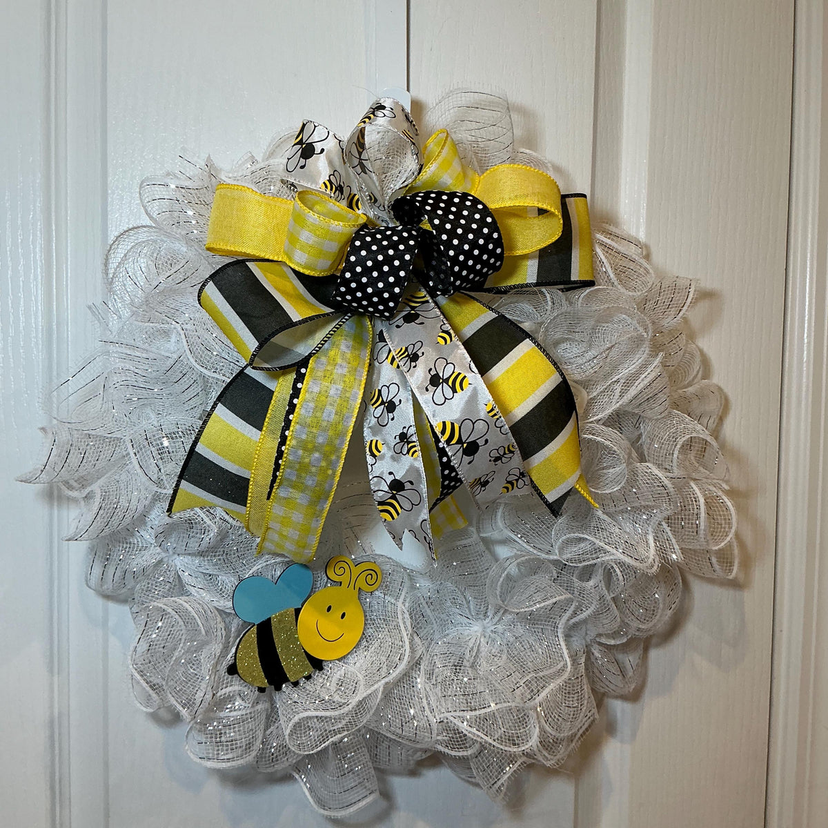 White Deco Mesh Bee Wreath, 14 Inch Gingham Bow Front Door Wreath, Yellow Black Bumblebee Decor, Bee Lover Gift