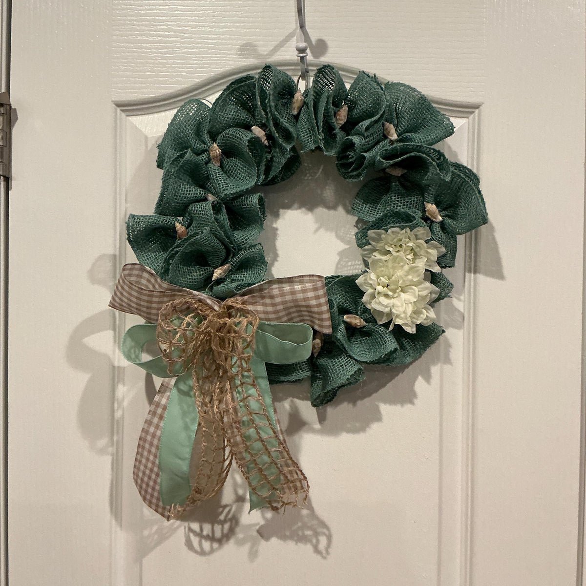 Teal Burlap Coastal Wreath with Dahlia, Seashells and Gingham Bow, Beach House Decor