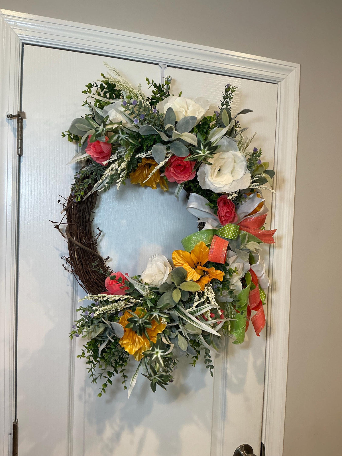 Grapevine Wreath, Coral Rose Sunflower Front Door Decor, Farmhouse Housewarming Gift, Mothers Day Wreath