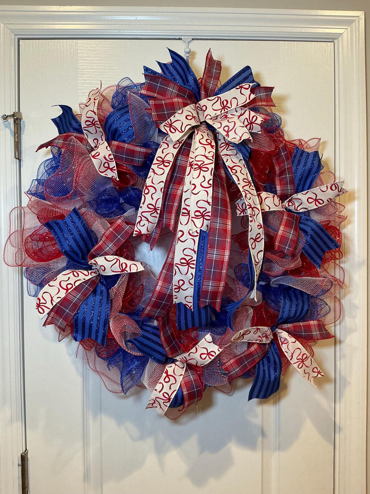 Red White Blue USA Wreath, Deco Mesh Fourth of July Front Door Decor, Americana Ribbon Bow