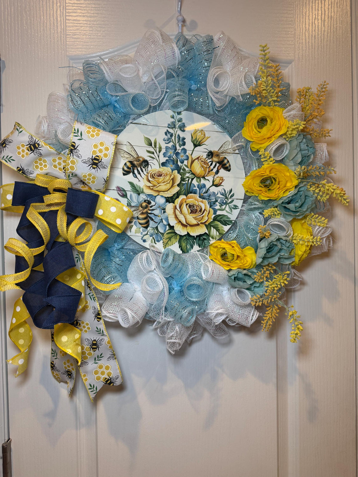 Bee Wreath for Front Door, Honeybee Floral Sign, Yellow Blue Summer Decor, Handmade