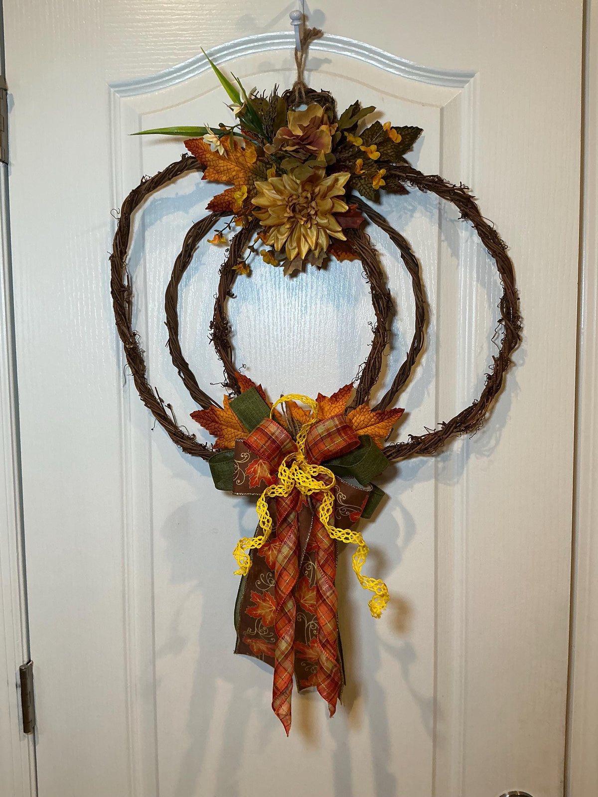 Pumpkin Grapevine Fall Wreath, Gold Dahlia and Rust Maple Leaves, 18 x 20 Inch — actual product photo