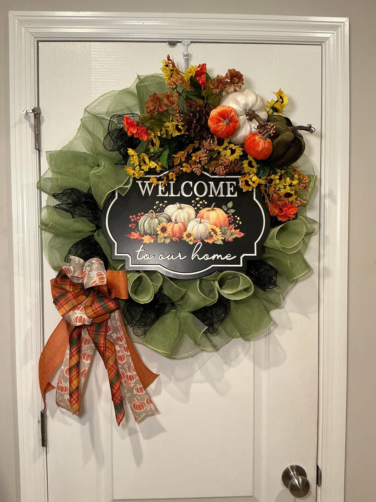 Sage Green Fall Wreath, 18 Inch Pumpkin Sunflower Welcome Sign Door Decor — actual product photo