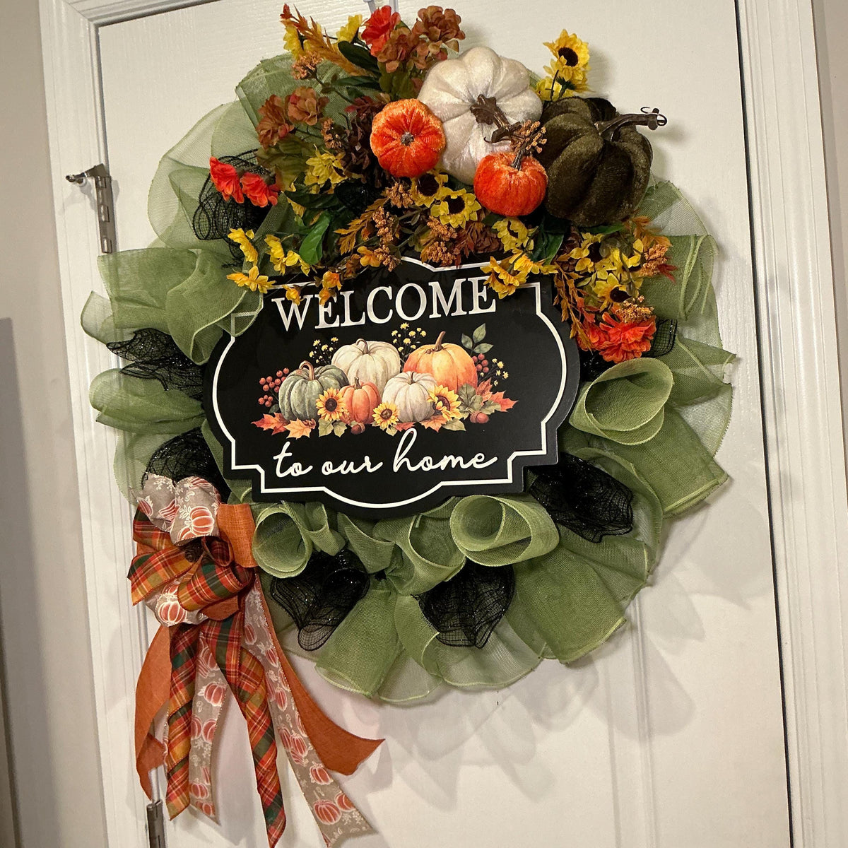 Sage Green Fall Wreath, 18 Inch Pumpkin Sunflower Welcome Sign Door Decor — photo 2