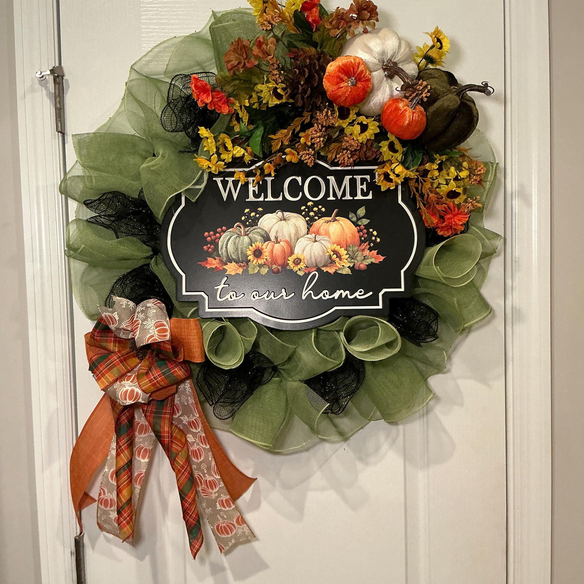 Sage Green Fall Wreath, 18 Inch Pumpkin Sunflower Welcome Sign Door Decor — photo 4