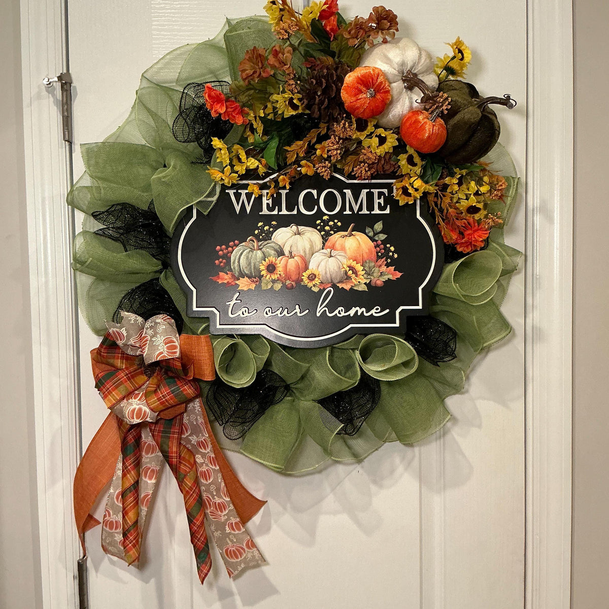 Sage Green Fall Wreath, 18 Inch Pumpkin Sunflower Welcome Sign Door Decor — photo 5