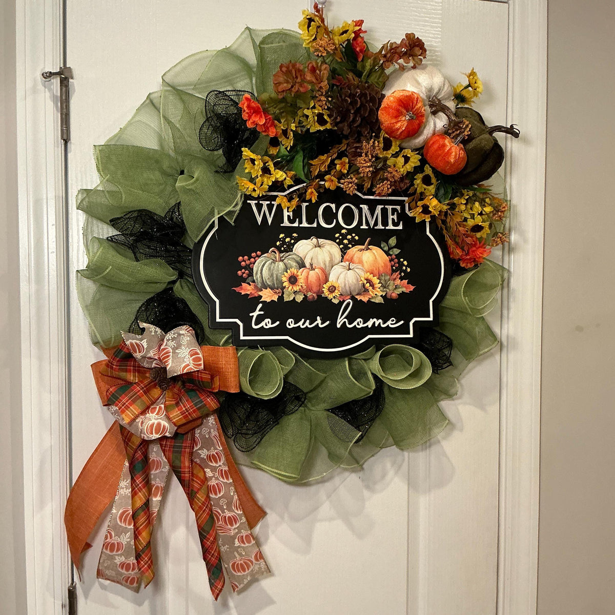 Sage Green Fall Wreath, 18 Inch Pumpkin Sunflower Welcome Sign Door Decor — photo 6
