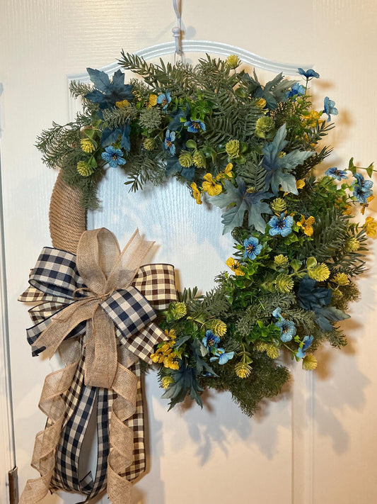 Jute Rope Moon Wreath, Blue,yellow Pansy Floral Door Wreath, Buffalo Check Bow, Farmhouse Door Decor, Handmade Wreath, Cottage Floral Wreath — actual product photo