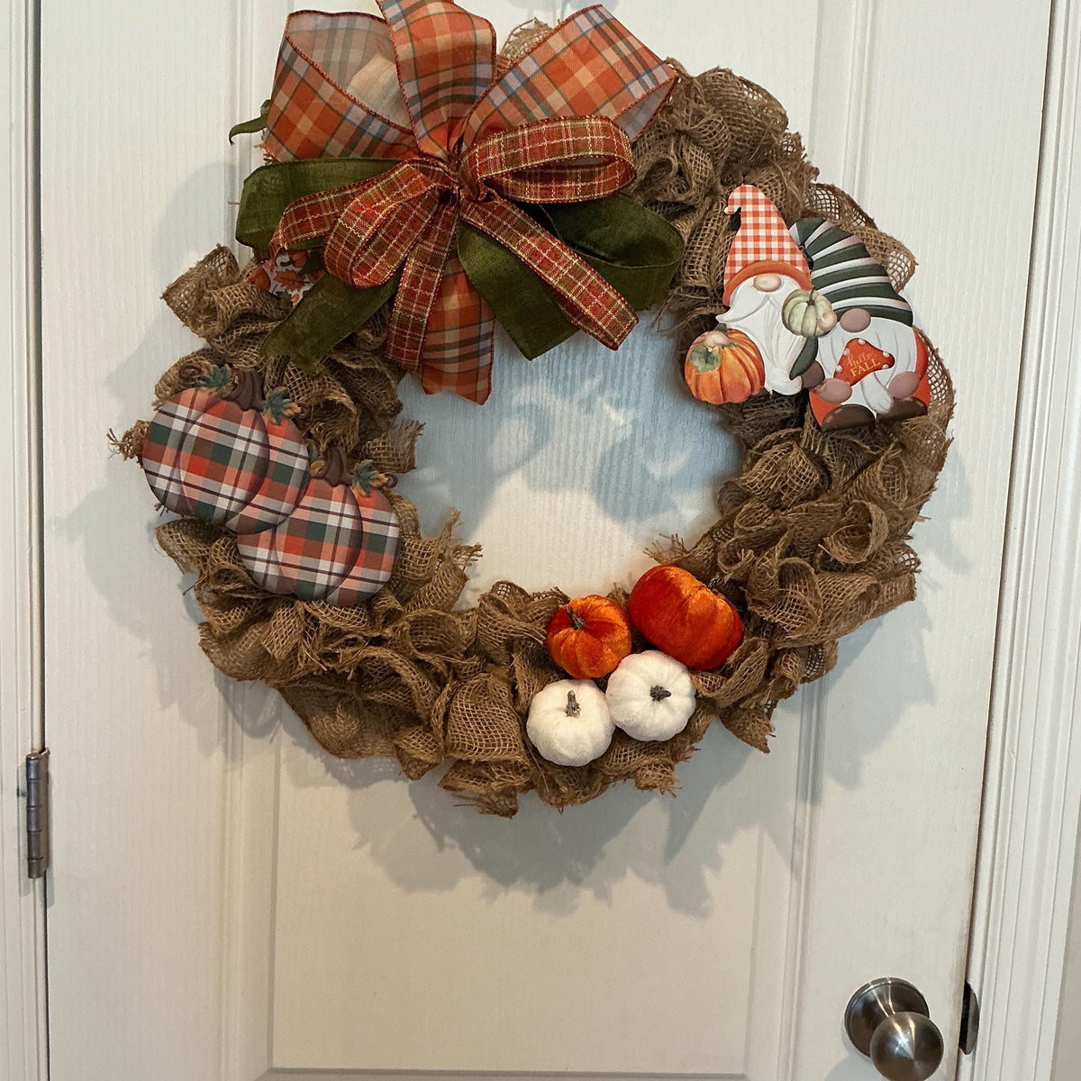 Fall Gnome Burlap Wreath, 18 Inch Pumpkin Welcome Sign with Plaid Bow — actual product photo
