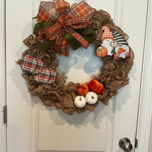 Fall Gnome Burlap Wreath, 18 Inch Pumpkin Welcome Sign with Plaid Bow — actual product photo