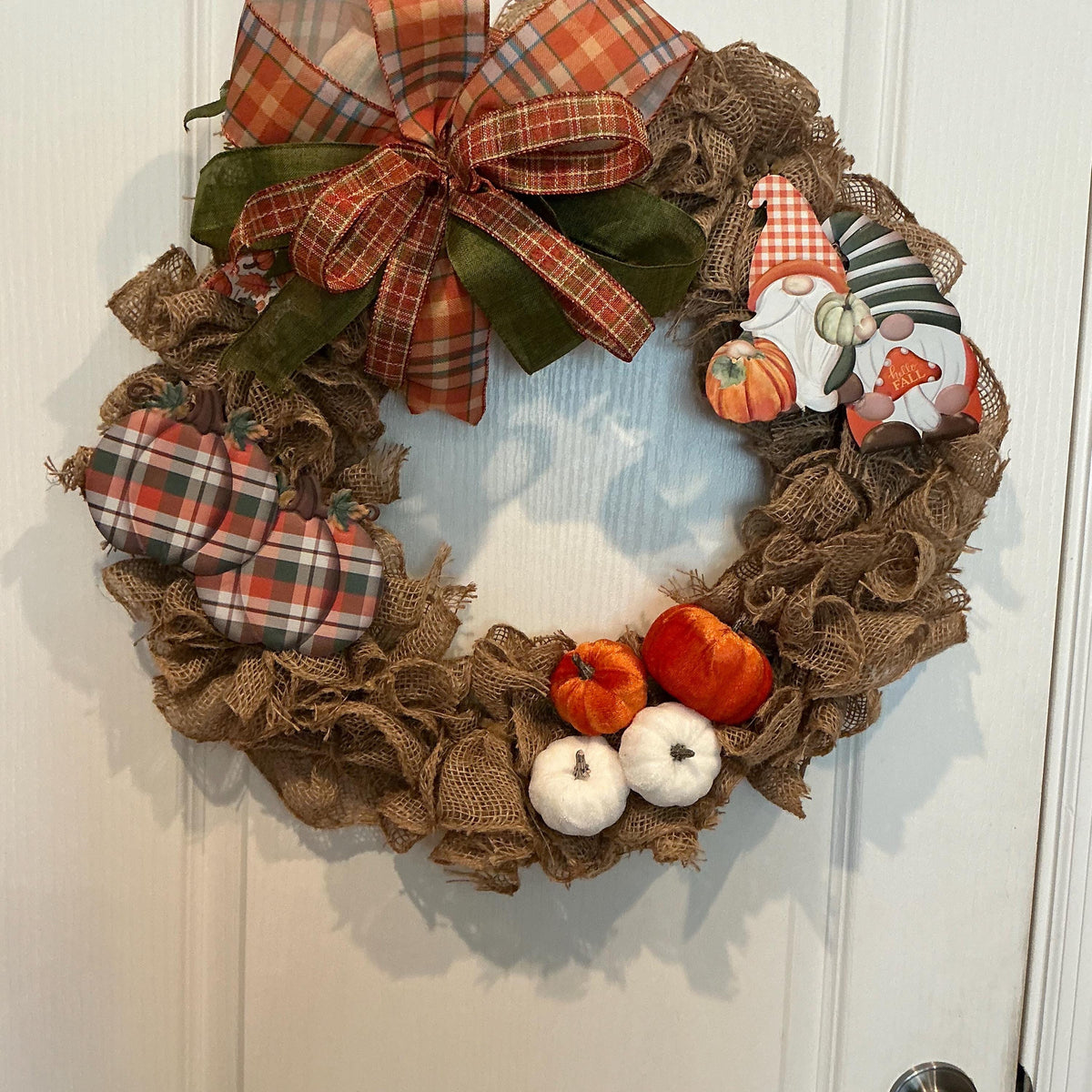 Fall Gnome Burlap Wreath, 18 Inch Pumpkin Welcome Sign with Plaid Bow — photo 2