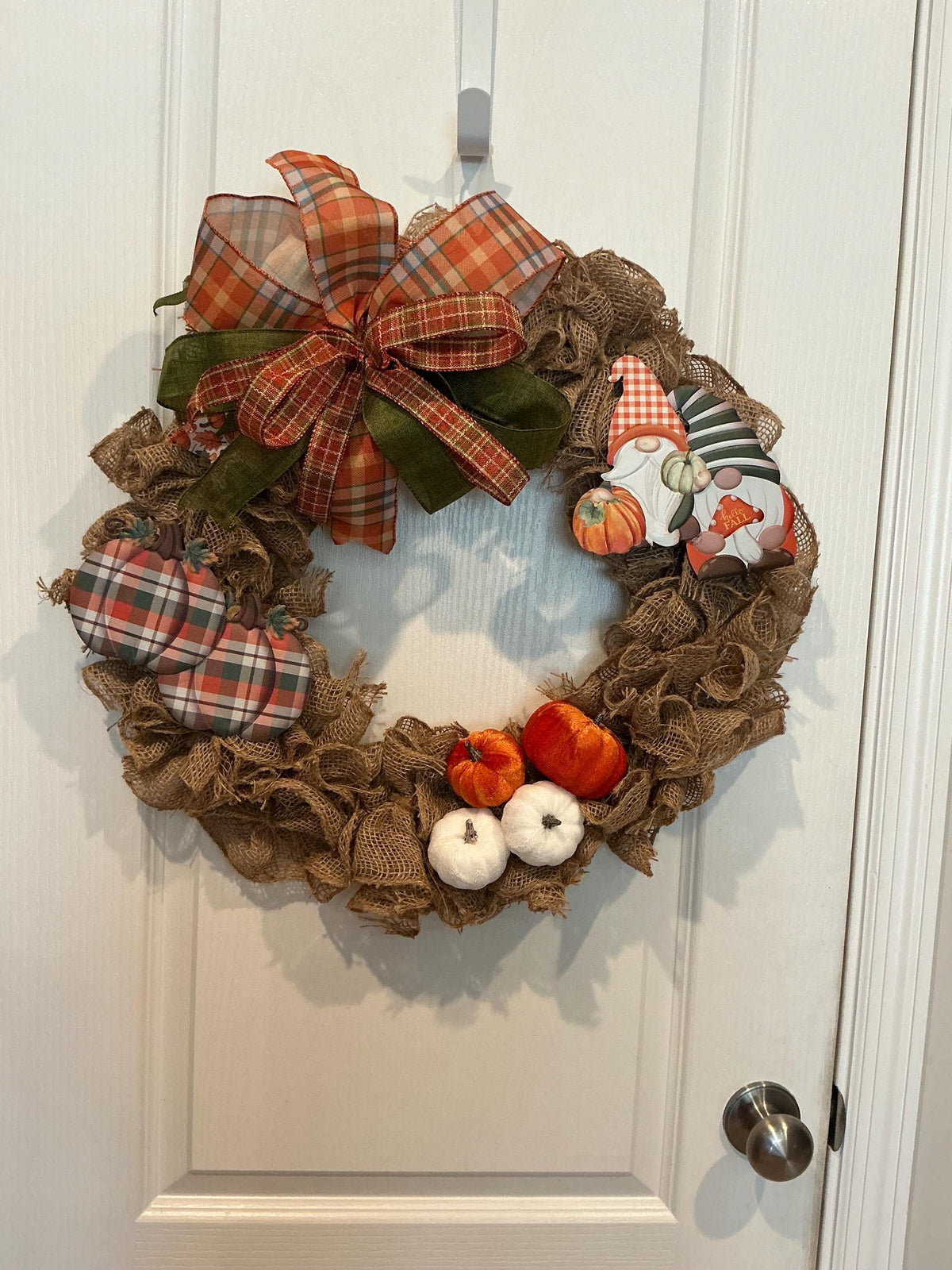Fall Gnome Burlap Wreath, 18 Inch Pumpkin Welcome Sign with Plaid Bow — photo 3