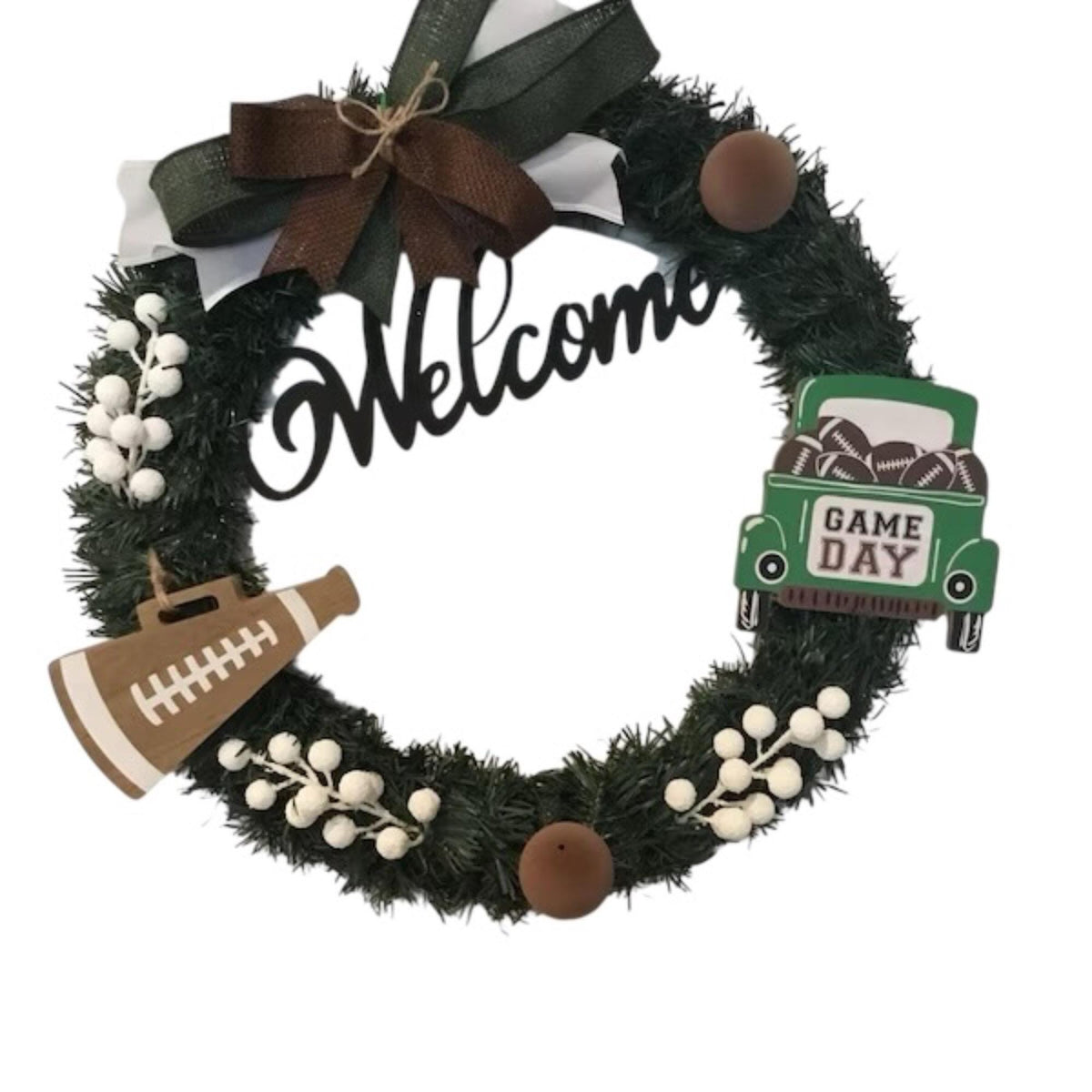 Welcome Football Wreath, Game Day Greenery Front Door Decor, 18 Inch — actual product photo
