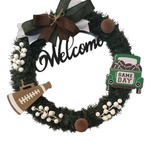 Welcome Football Wreath, Game Day Greenery Front Door Decor, 18 Inch — actual product photo