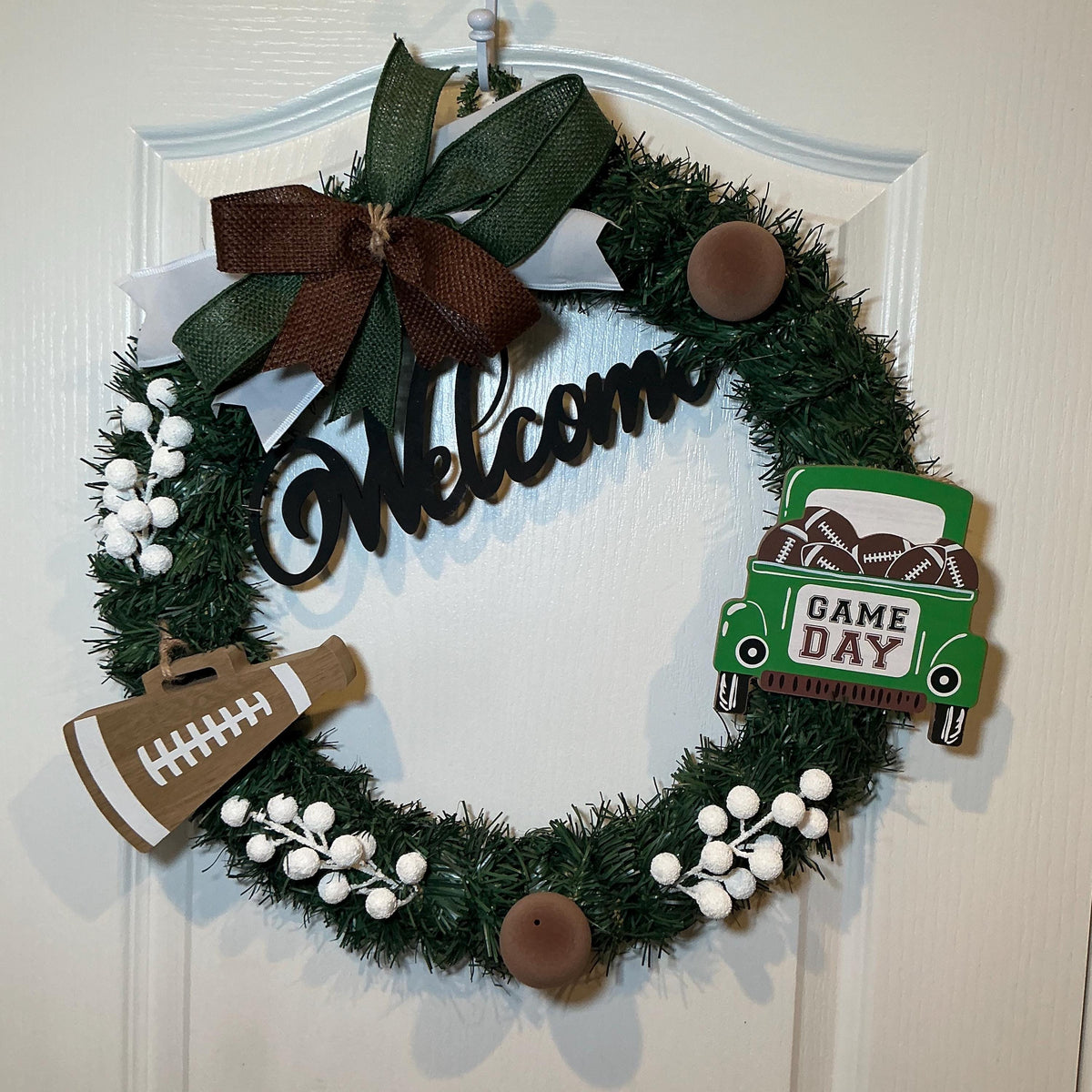 Welcome Football Wreath, Game Day Greenery Front Door Decor, 18 Inch — photo 4