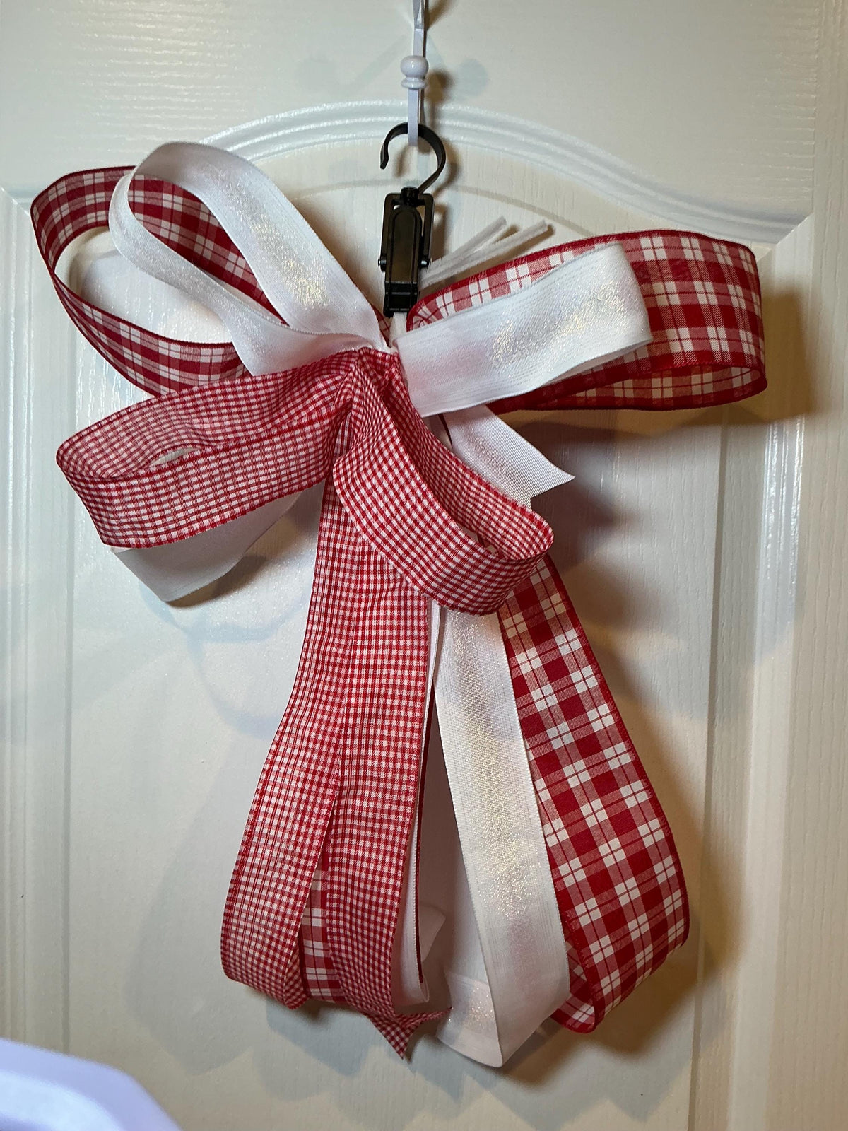 Red White Plaid Gingham Bow, Farmhouse Wreath Decor, Handmade Door Hanger — actual product photo