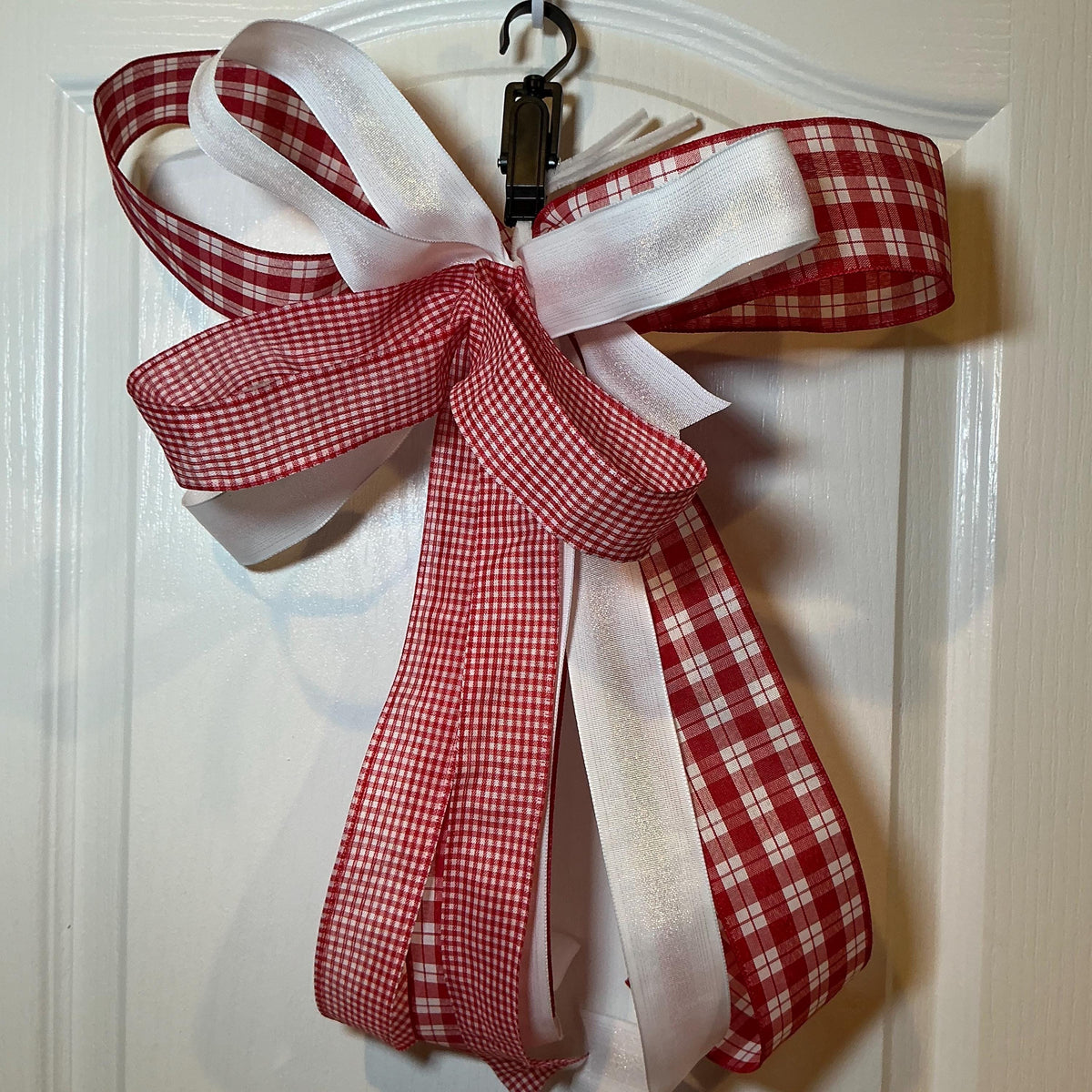 Red White Plaid Gingham Bow, Farmhouse Wreath Decor, Handmade Door Hanger — photo 2