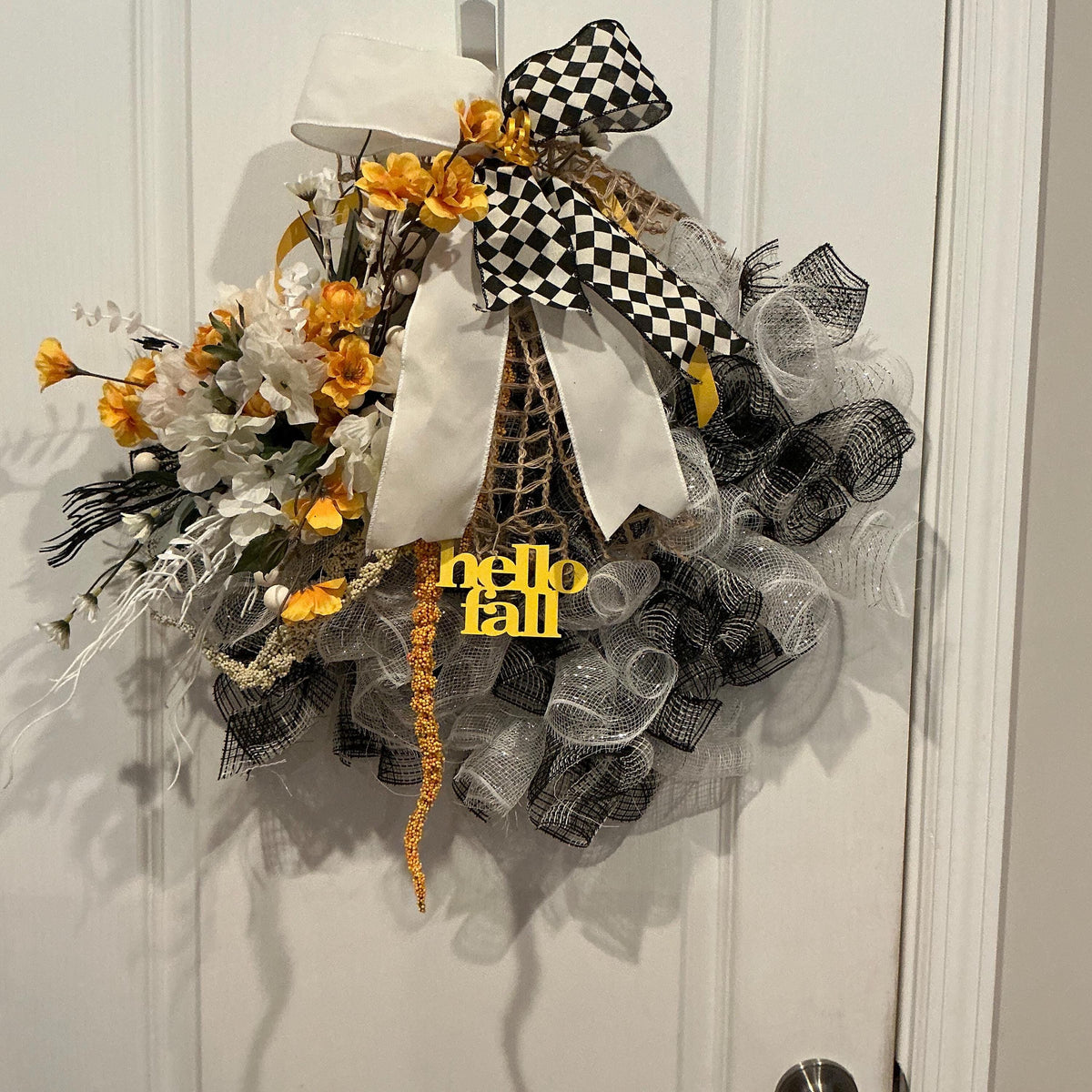 Black and White Checkered Fall Wreath, 14 Inch Hello Fall Deco Mesh Door Decor — photo 2