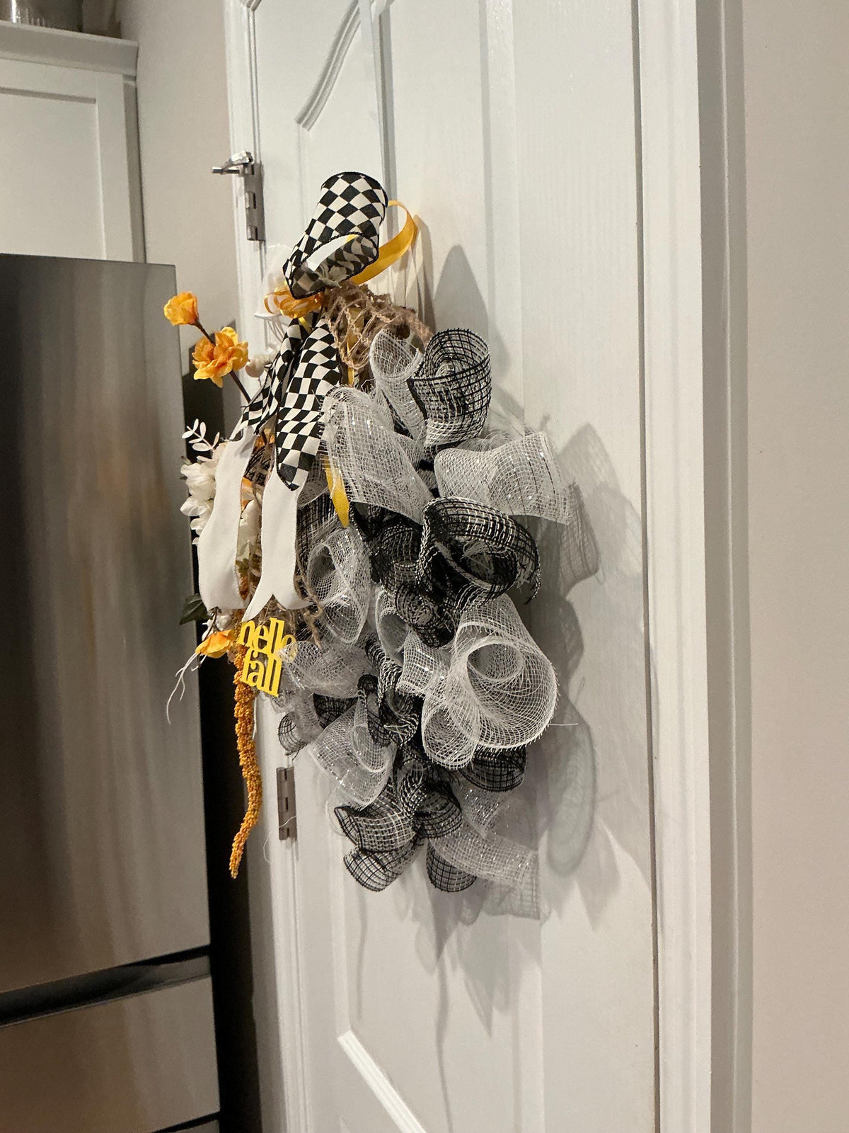 Black and White Checkered Fall Wreath, 14 Inch Hello Fall Deco Mesh Door Decor — photo 3