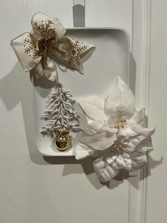 White Gold Christmas Square Wreath, Elegant Poinsettia Door Decor, Snowflake Bow — actual product photo