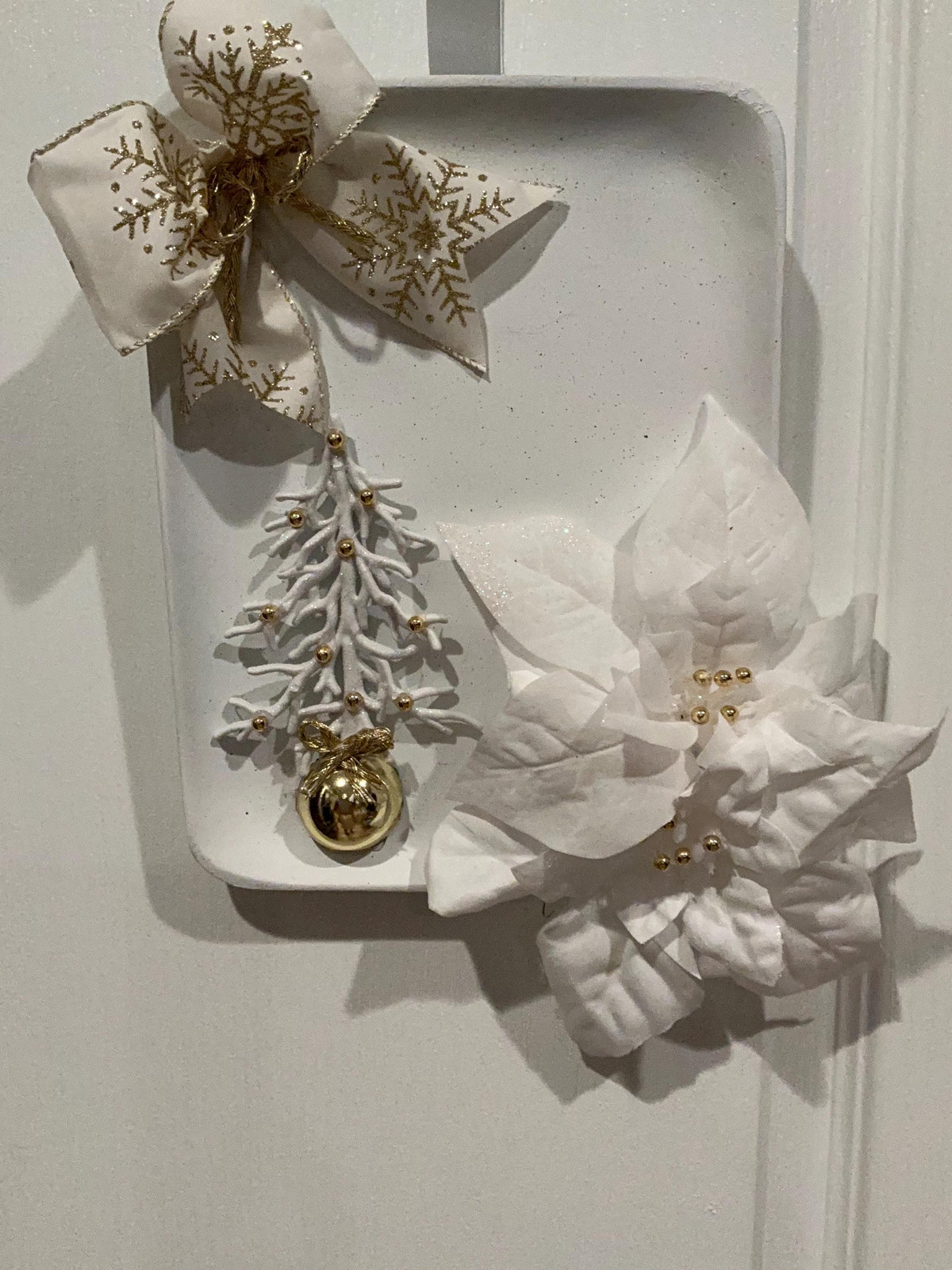 White Gold Christmas Square Wreath, Elegant Poinsettia Door Decor, Snowflake Bow — photo 2