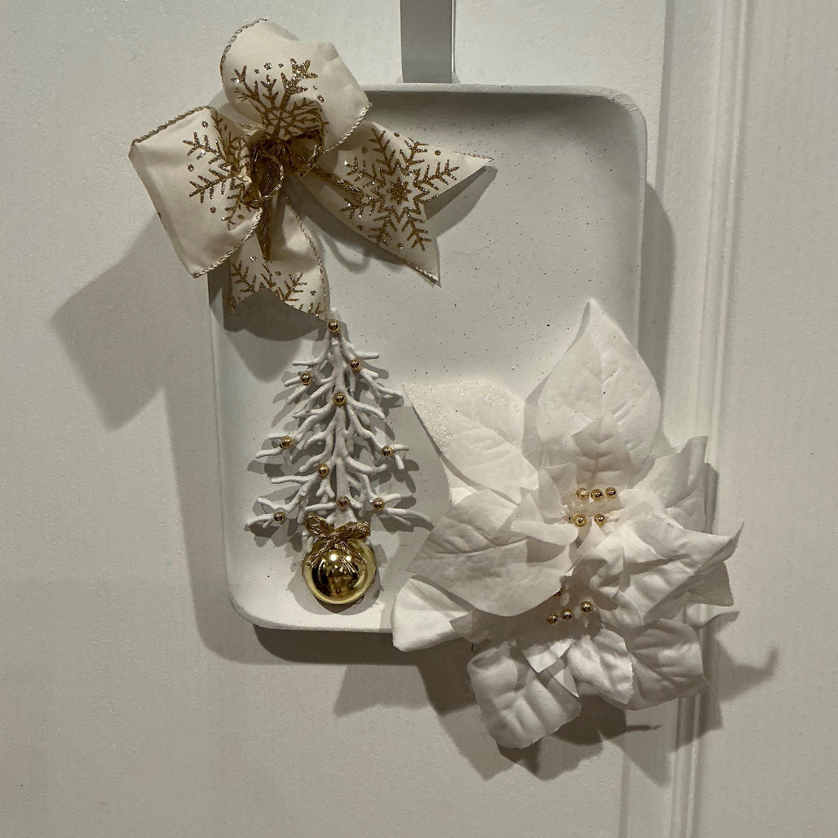 White Gold Christmas Square Wreath, Elegant Poinsettia Door Decor, Snowflake Bow — photo 3