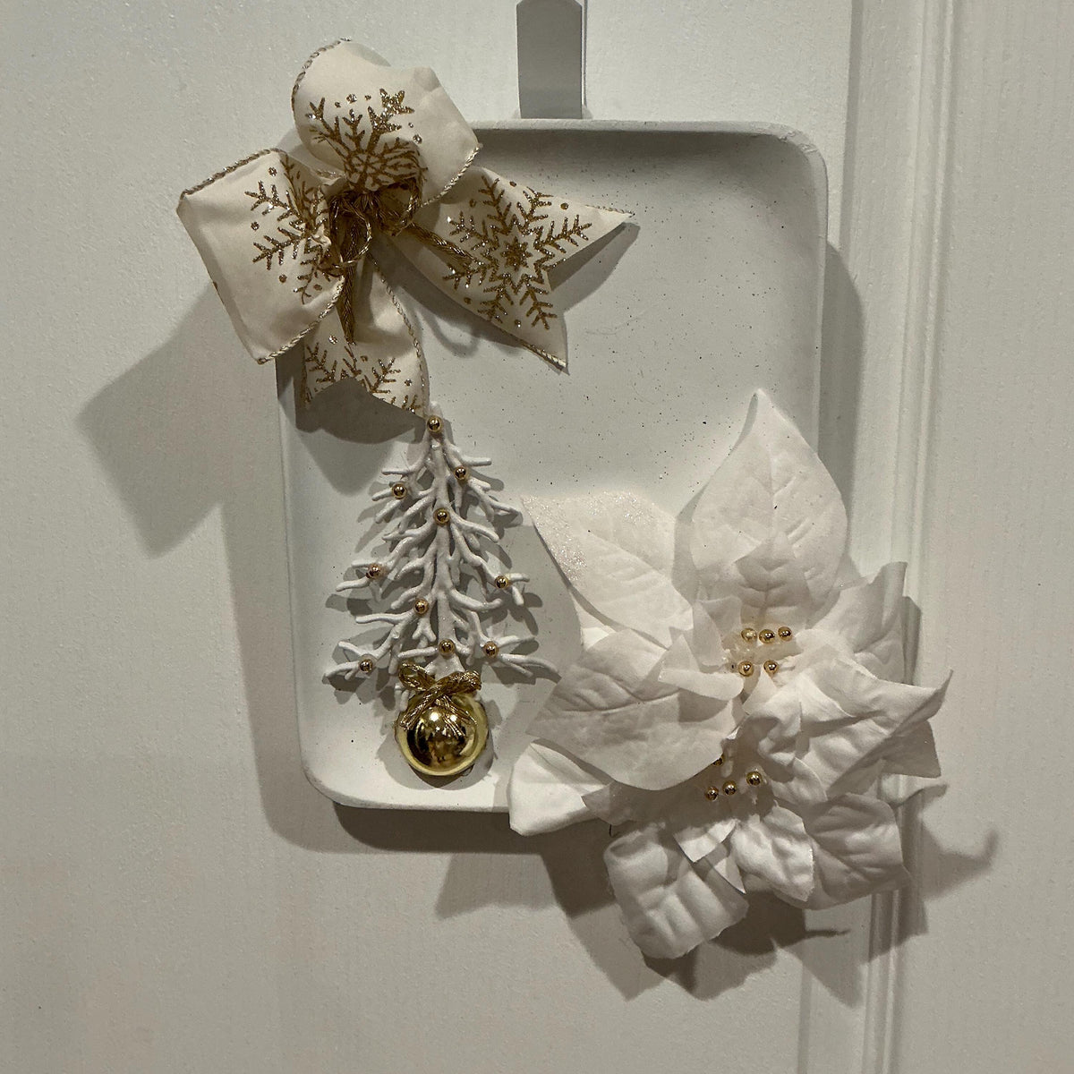 White Gold Christmas Square Wreath, Elegant Poinsettia Door Decor, Snowflake Bow — photo 4