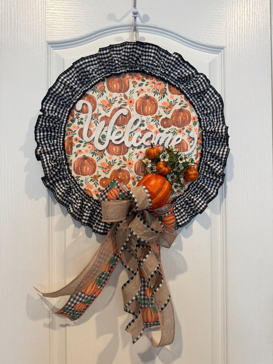 Pumpkin Welcome Fall Wreath, 14 Inch Buffalo Check Farmhouse Door Decor — actual product photo