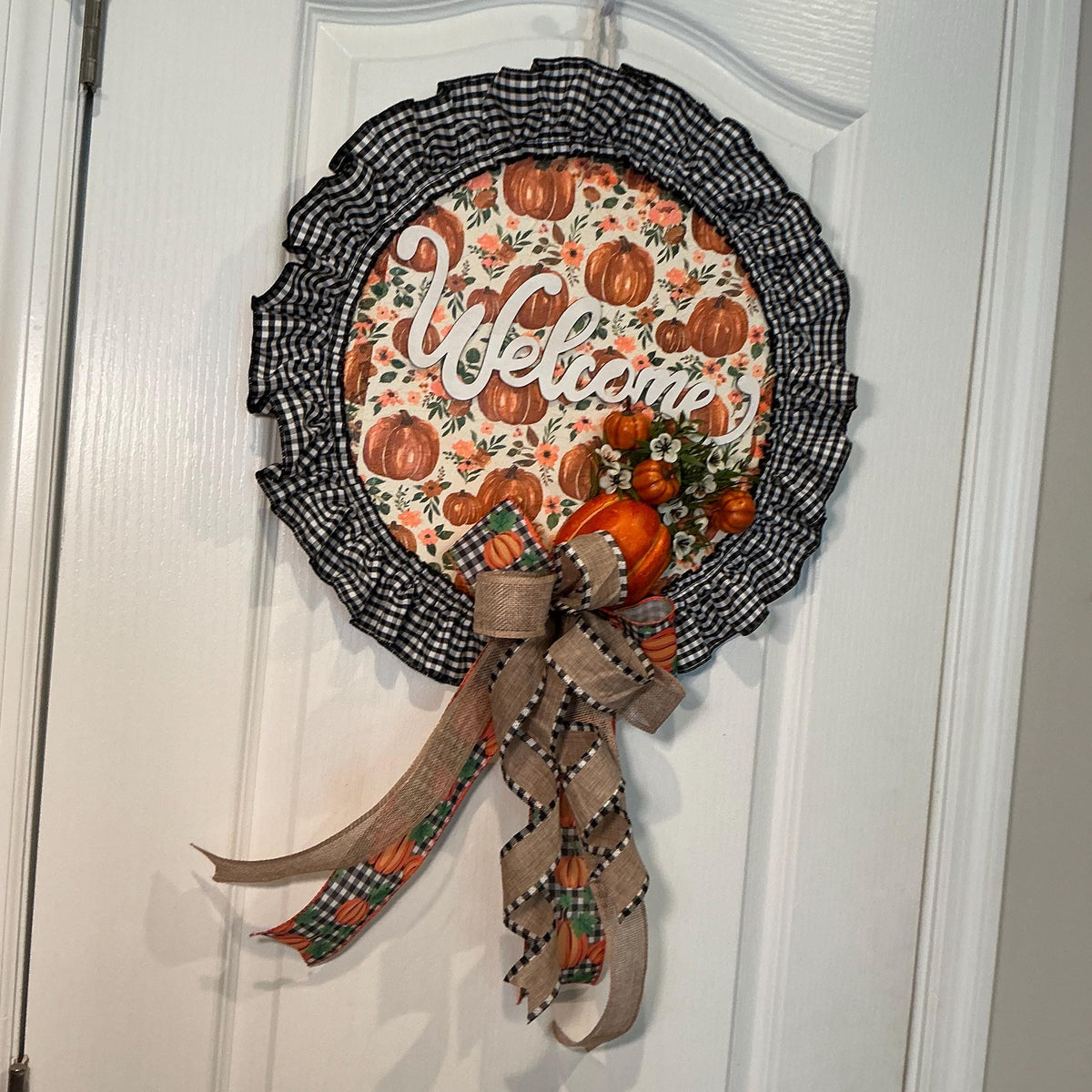 Pumpkin Welcome Fall Wreath, 14 Inch Buffalo Check Farmhouse Door Decor — photo 2