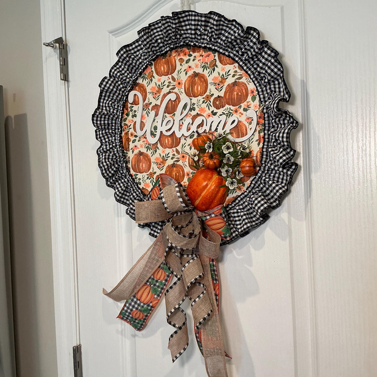 Pumpkin Welcome Fall Wreath, 14 Inch Buffalo Check Farmhouse Door Decor — photo 3