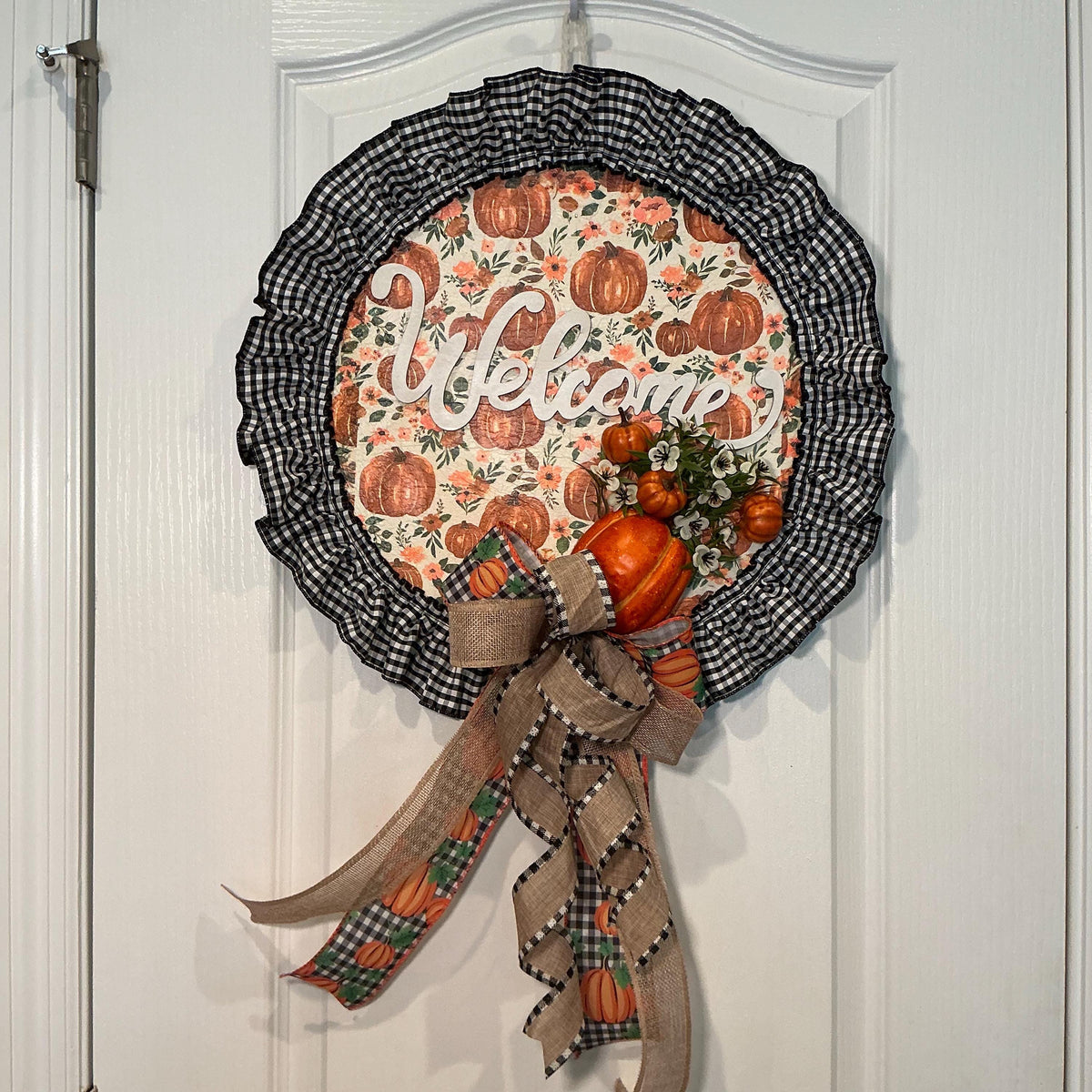 Pumpkin Welcome Fall Wreath, 14 Inch Buffalo Check Farmhouse Door Decor — photo 4