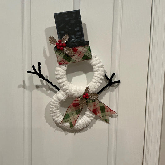Snowman Wreath, Plaid Ribbon, Holly Berry Christmas Door Decor — actual product photo