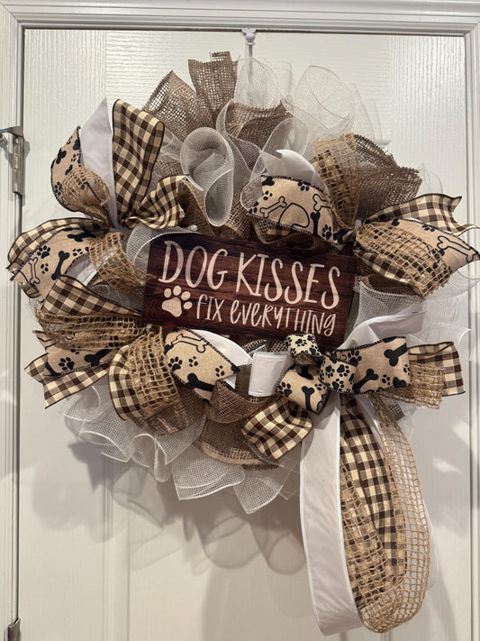 Dog Mom Wreath, Dog Kisses Fix Everything Sign, Paw Print Buffalo Check, Farmhouse Door Decor, Dog Lover Gift, All Seasons — actual product photo 