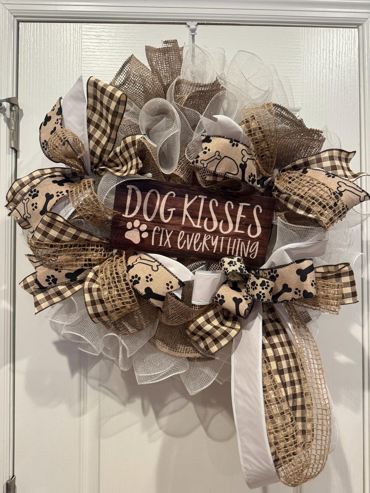 Dog Mom Wreath, Dog Kisses Fix Everything Sign, Paw Print Buffalo Check, Farmhouse Door Decor, Dog Lover Gift, All Seasons — photo 10 