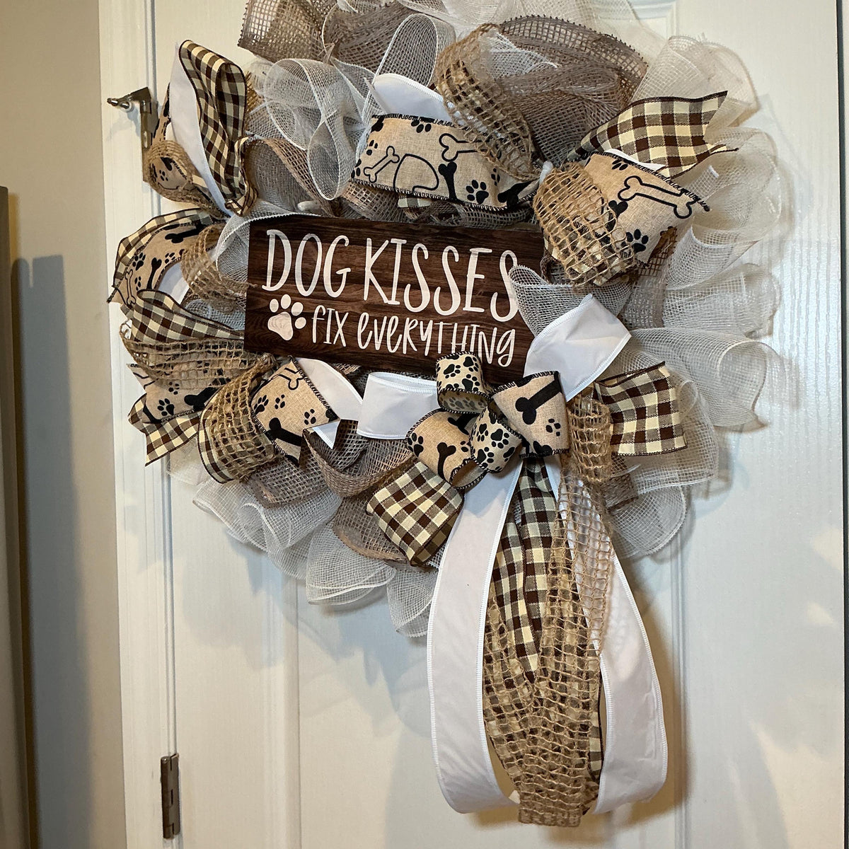 Dog Mom Wreath, Dog Kisses Fix Everything Sign, Paw Print Buffalo Check, Farmhouse Door Decor, Dog Lover Gift, All Seasons — photo 4 